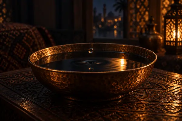 وعاء نحاسي فيه ماء ساكن يعكس نقطة ضوء ذهبية