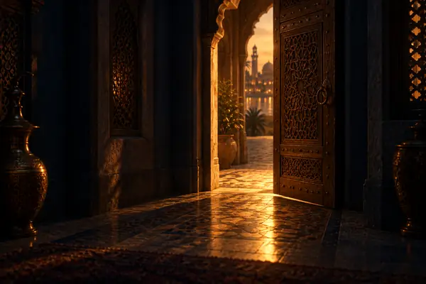 باب بيت عربي قديم مفتوح يدخل منه ضوء ذهبي دافئ