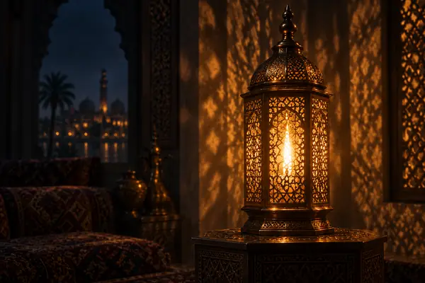 شعلة قوية داخل فانوس نحاسي مزخرف